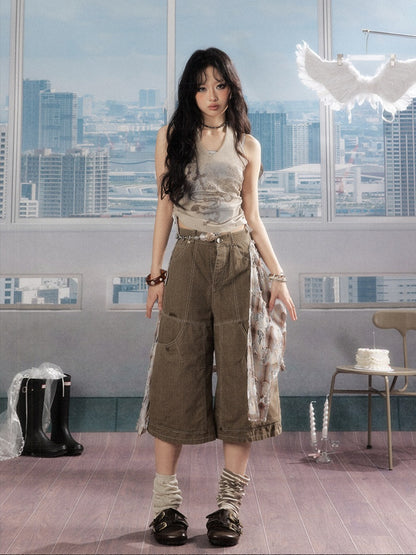 Detachable Plaid Butt Curtain Wide-Leg Cropped Pants【s0000016725】