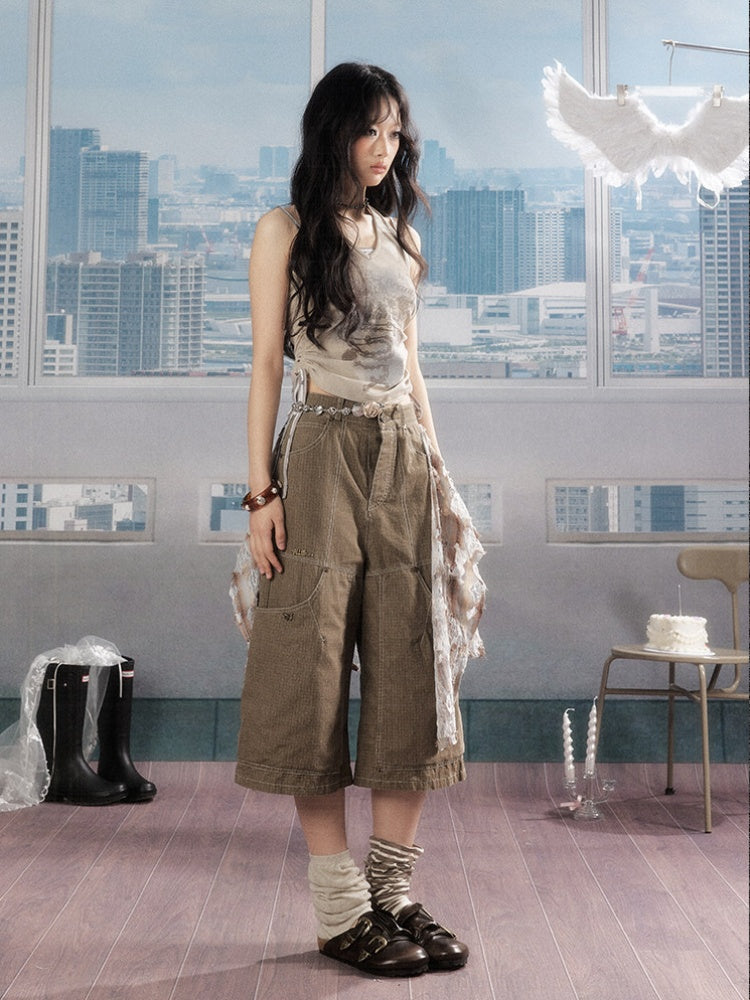 Detachable Plaid Butt Curtain Wide-Leg Cropped Pants【s0000016725】