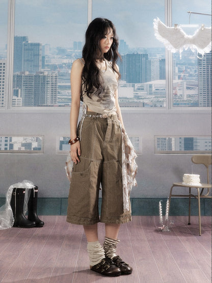 Detachable Plaid Butt Curtain Wide-Leg Cropped Pants【s0000016725】
