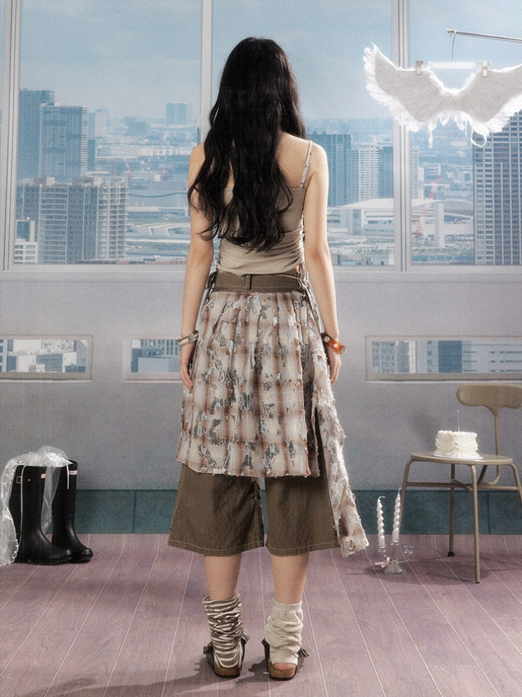 Detachable Plaid Butt Curtain Wide-Leg Cropped Pants【s0000016725】