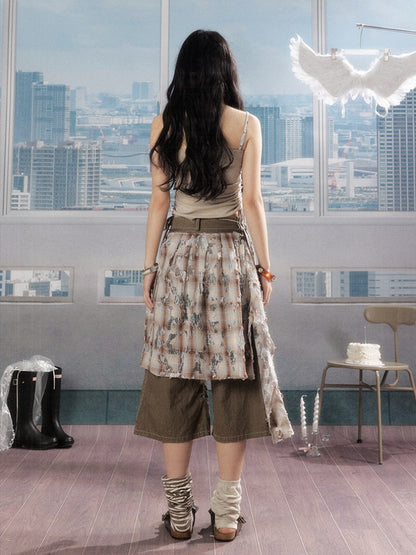 Detachable Plaid Butt Curtain Wide-Leg Cropped Pants【s0000016725】