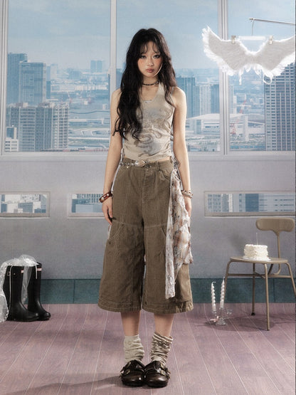 Detachable Plaid Butt Curtain Wide-Leg Cropped Pants【s0000016725】