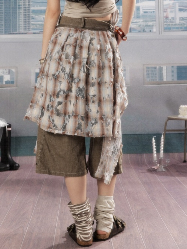 Detachable Plaid Butt Curtain Wide-Leg Cropped Pants【s0000016725】
