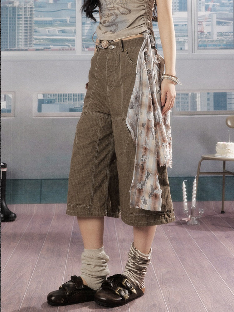 Detachable Plaid Butt Curtain Wide-Leg Cropped Pants【s0000016725】
