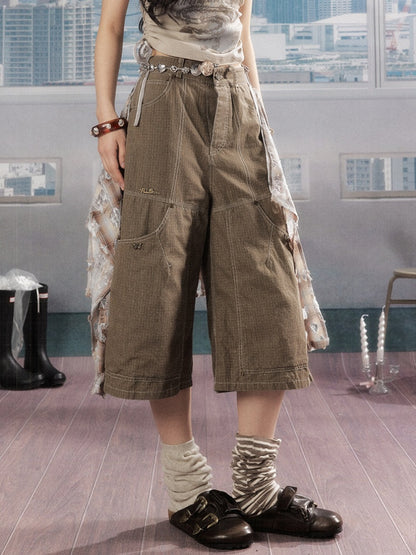 Detachable Plaid Butt Curtain Wide-Leg Cropped Pants【s0000016725】