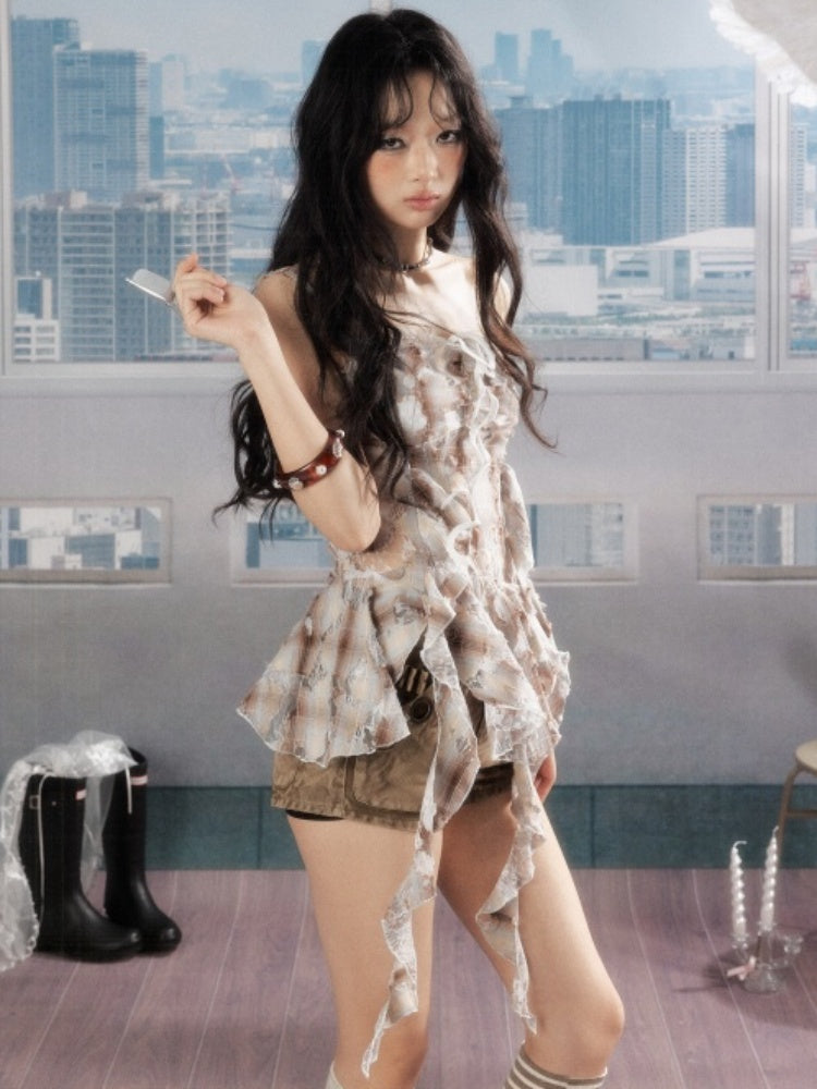 Ruffle Ribbon Distressed Plaid Camisole【s0000016726】