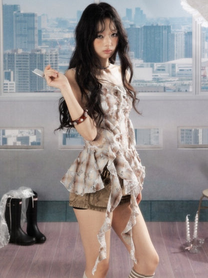 Ruffle Ribbon Distressed Plaid Camisole【s0000016726】