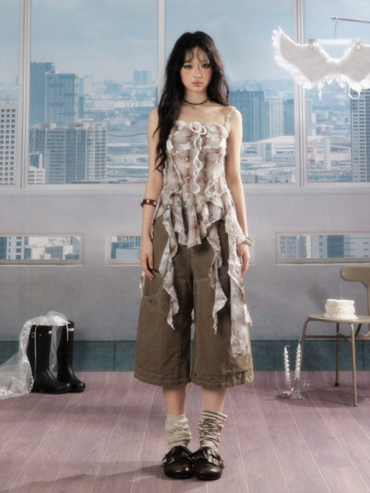 Ruffle Ribbon Distressed Plaid Camisole【s0000016726】