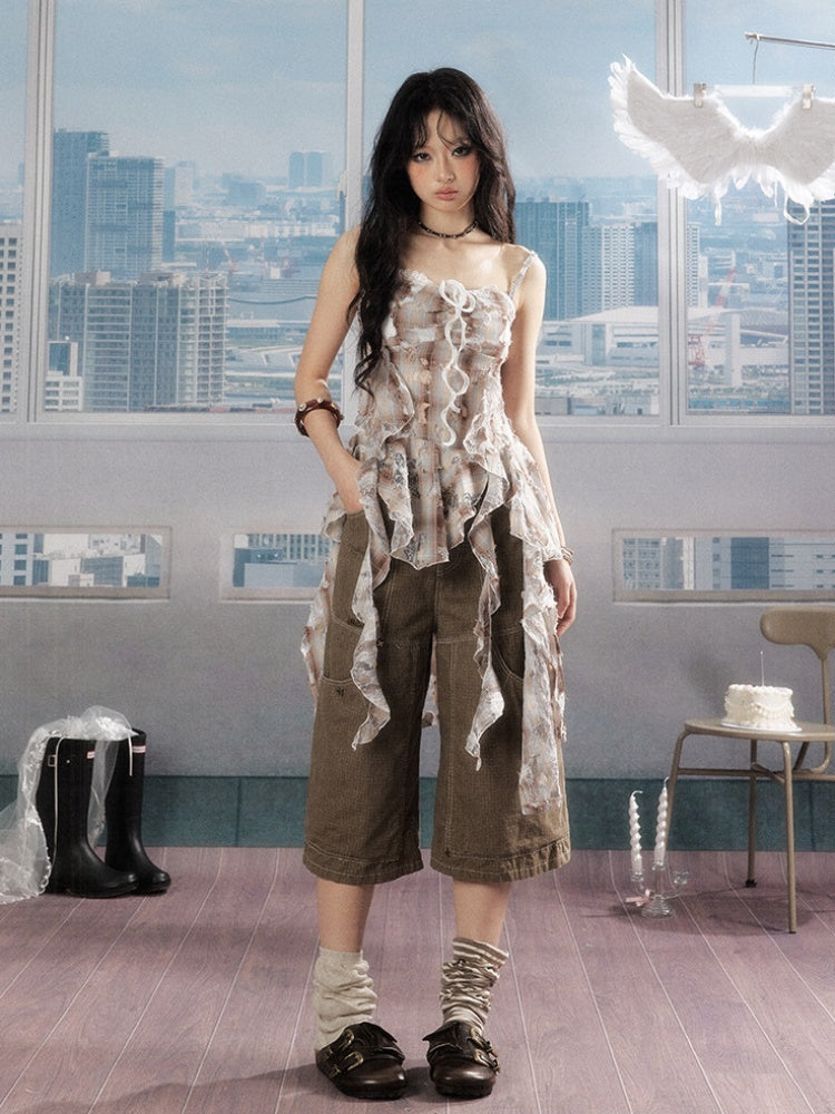 Ruffle Ribbon Distressed Plaid Camisole【s0000016726】