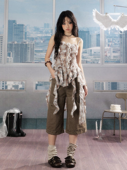 Ruffle Ribbon Distressed Plaid Camisole【s0000016726】