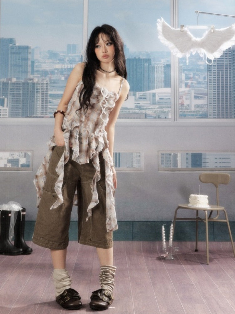 Ruffle Ribbon Distressed Plaid Camisole【s0000016726】