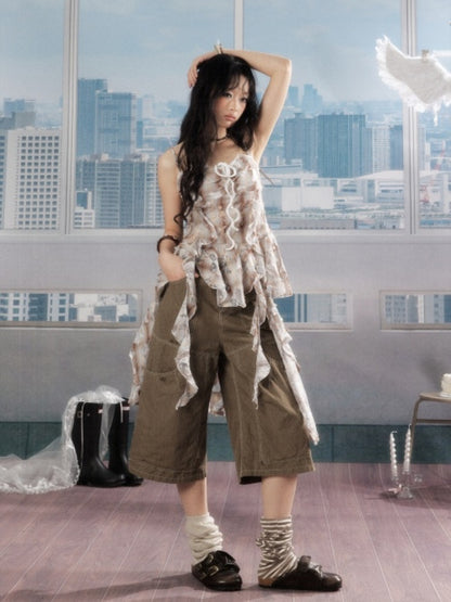 Ruffle Ribbon Distressed Plaid Camisole【s0000016726】