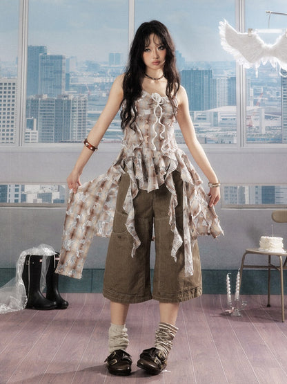 Ruffle Ribbon Distressed Plaid Camisole【s0000016726】
