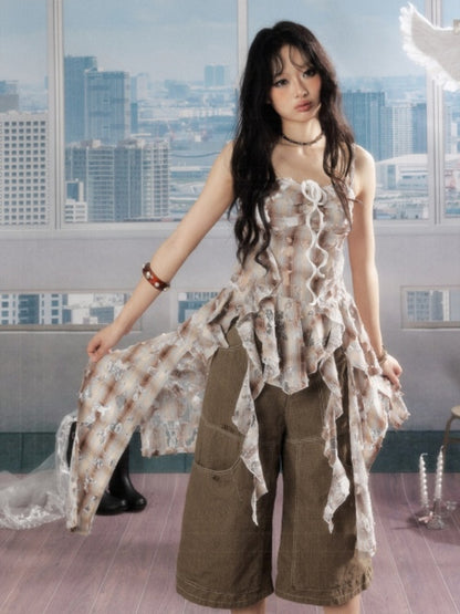 Ruffle Ribbon Distressed Plaid Camisole【s0000016726】
