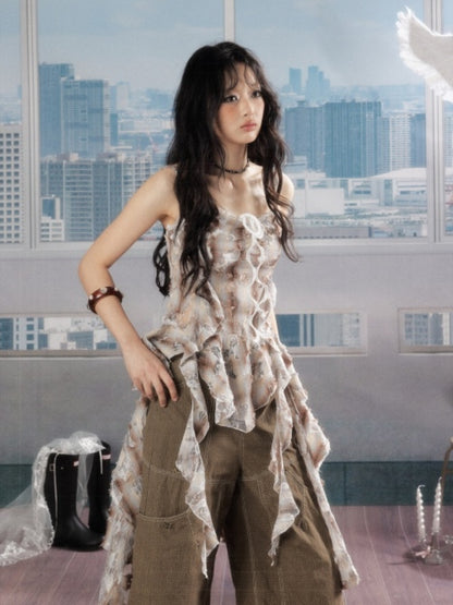 Ruffle Ribbon Distressed Plaid Camisole【s0000016726】