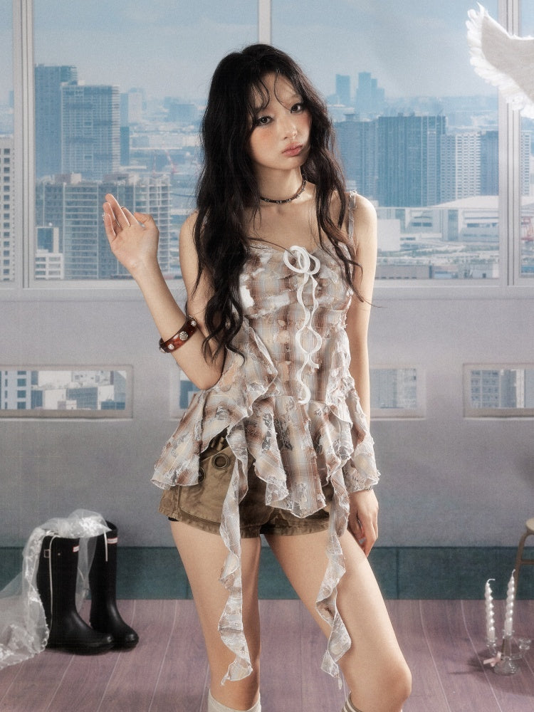 Ruffle Ribbon Distressed Plaid Camisole【s0000016726】