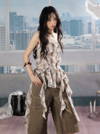 Ruffle Ribbon Distressed Plaid Camisole【s0000016726】