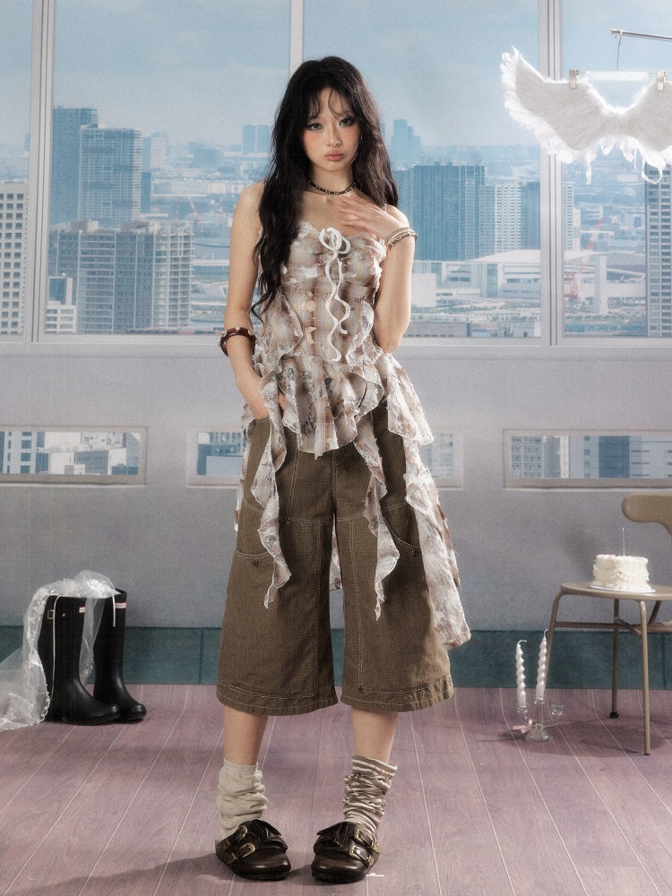 Ruffle Ribbon Distressed Plaid Camisole【s0000016726】