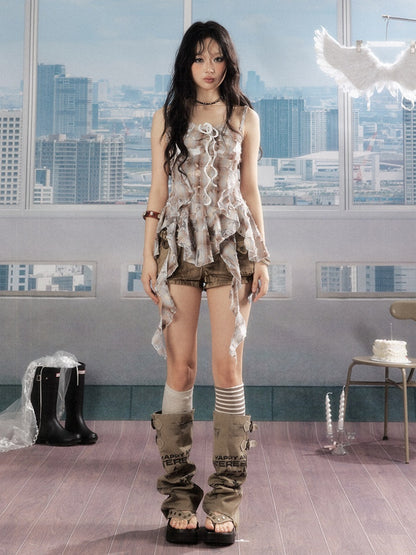 Ruffle Ribbon Distressed Plaid Camisole【s0000016726】
