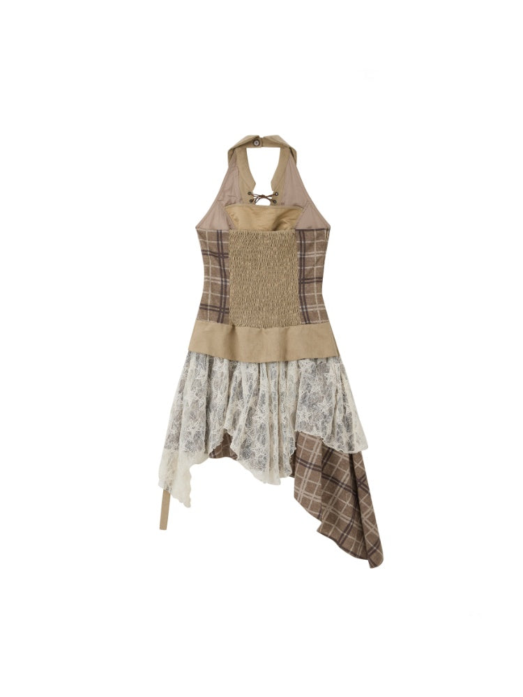 Patchwork Plaid Lace Lapel Halter Neck Dress【s0000016727】