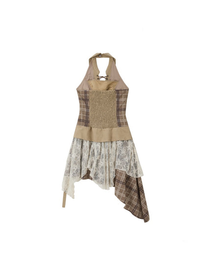 Patchwork Plaid Lace Lapel Halter Neck Dress【s0000016727】
