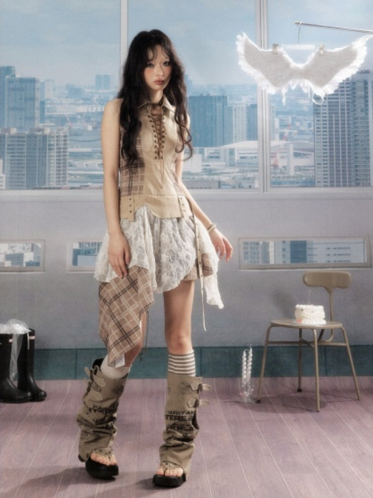 Patchwork Plaid Lace Lapel Halter Neck Dress【s0000016727】