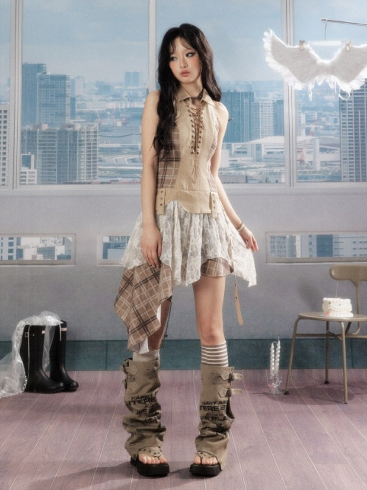 Patchwork Plaid Lace Lapel Halter Neck Dress【s0000016727】