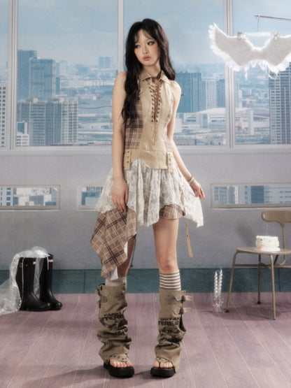 Patchwork Plaid Lace Lapel Halter Neck Dress【s0000016727】