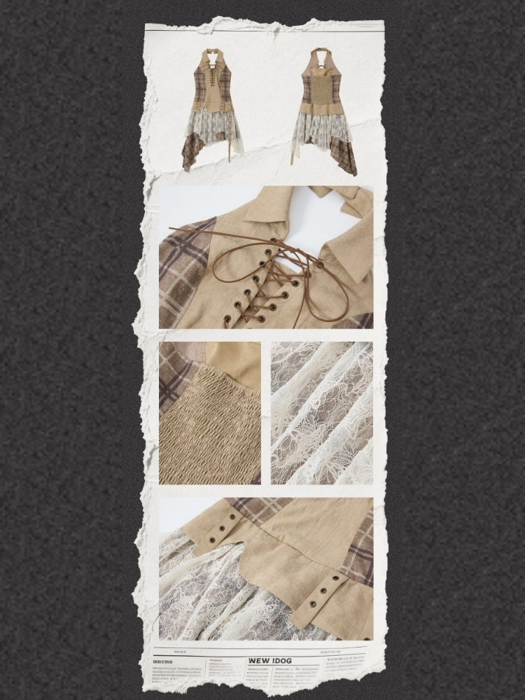 Patchwork Plaid Lace Lapel Halter Neck Dress【s0000016727】