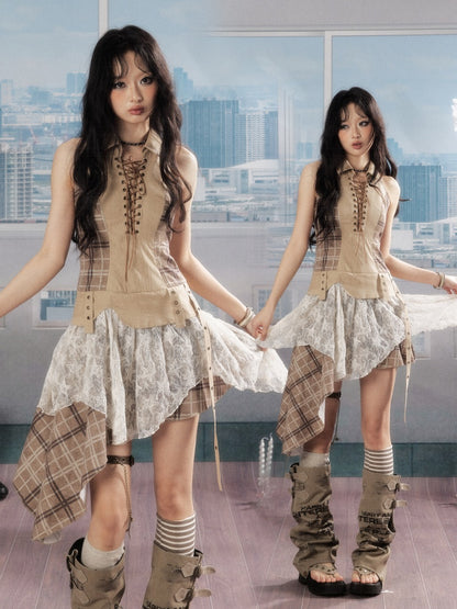 Patchwork Plaid Lace Lapel Halter Neck Dress【s0000016727】