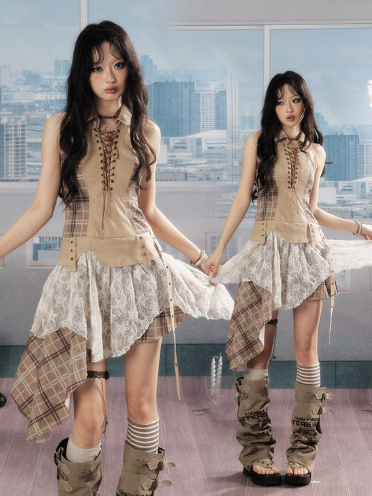 Patchwork Plaid Lace Lapel Halter Neck Dress【s0000016727】