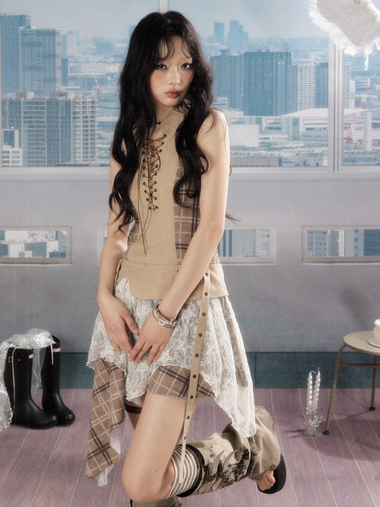 Patchwork Plaid Lace Lapel Halter Neck Dress【s0000016727】