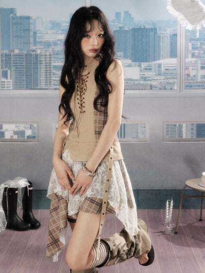 Patchwork Plaid Lace Lapel Halter Neck Dress【s0000016727】