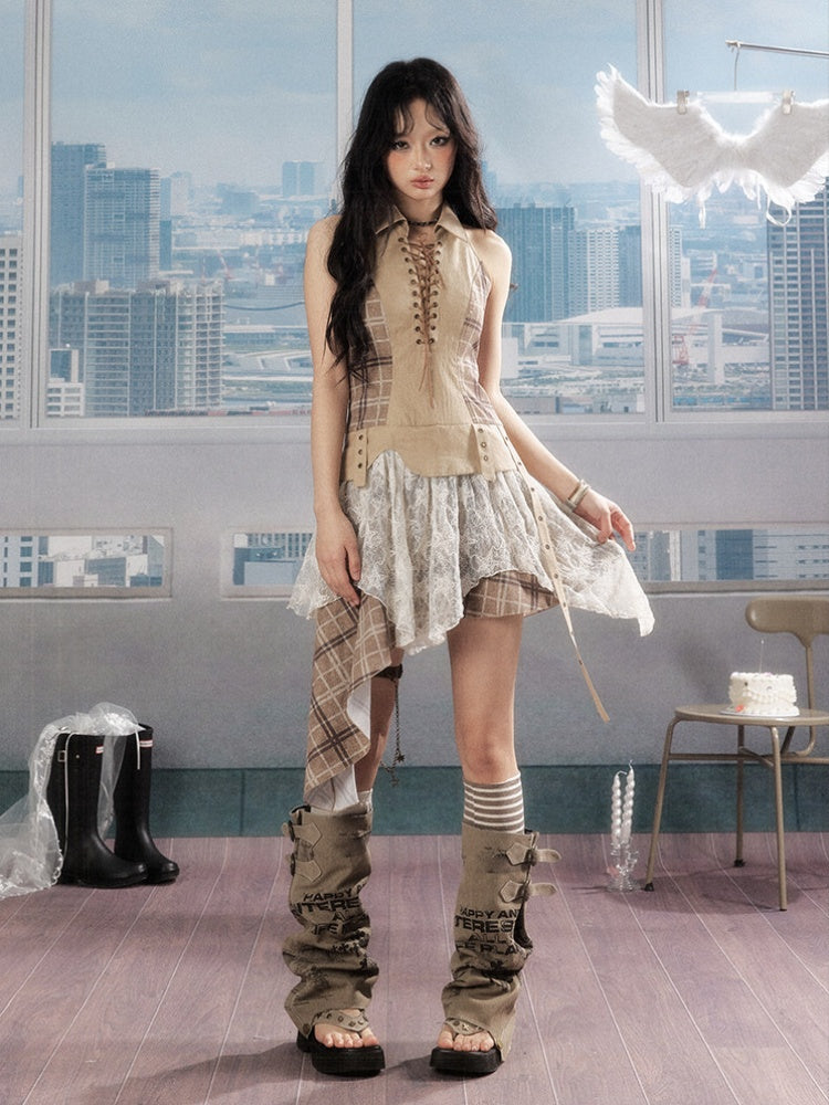 Patchwork Plaid Lace Lapel Halter Neck Dress【s0000016727】