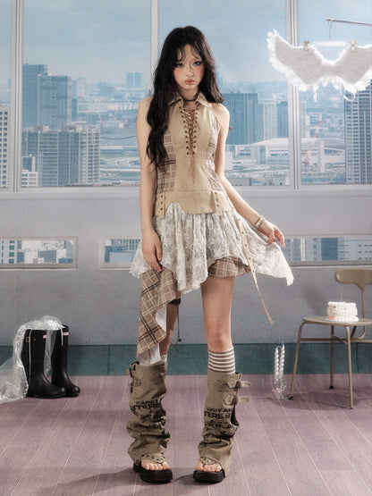 Patchwork Plaid Lace Lapel Halter Neck Dress【s0000016727】