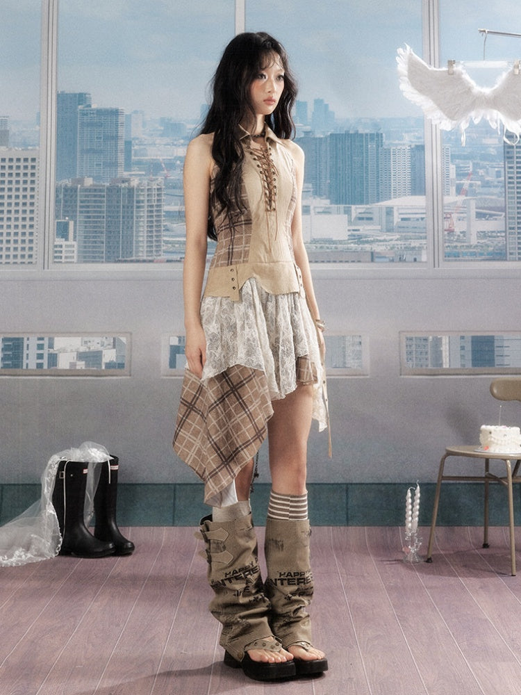 Patchwork Plaid Lace Lapel Halter Neck Dress【s0000016727】
