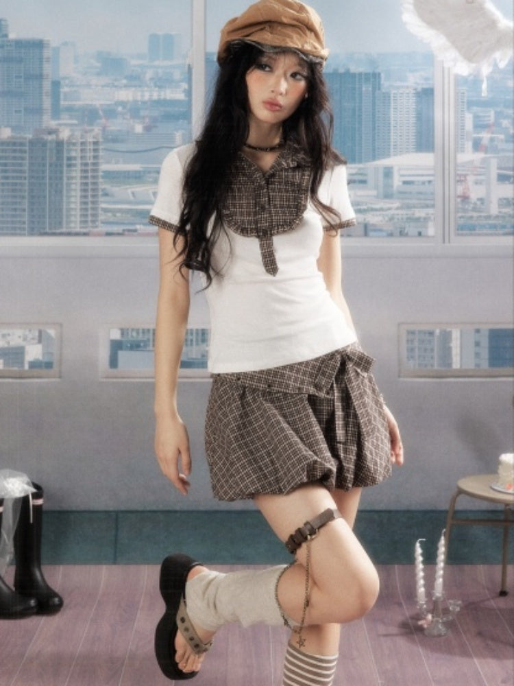Cropped Plaid Short Sleeve T-Shirt【s0000016728】