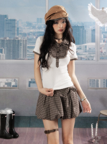 Cropped Plaid Short Sleeve T-Shirt【s0000016728】