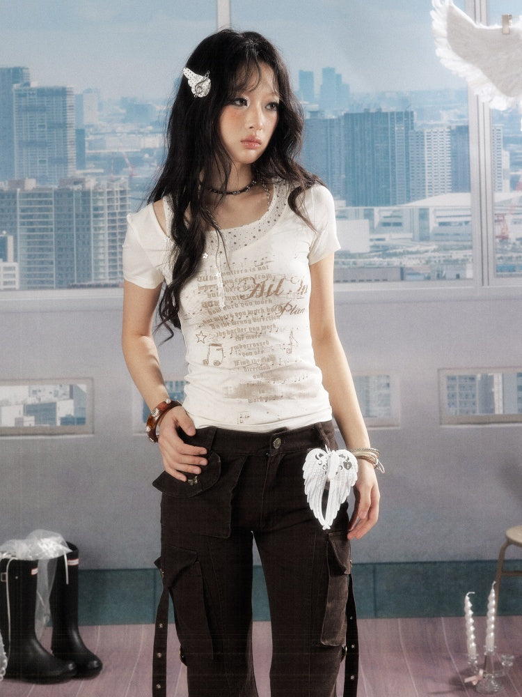 Faux Layered Backless Crew Neck Short Sleeve T-Shirt【s0000016729】