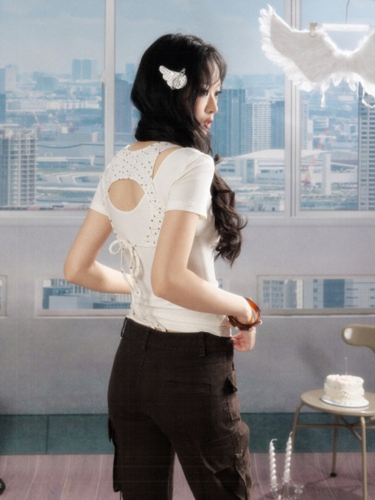 Faux Layered Backless Crew Neck Short Sleeve T-Shirt【s0000016729】