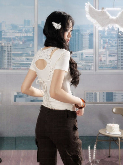 Faux Layered Backless Crew Neck Short Sleeve T-Shirt【s0000016729】