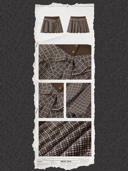 Double Waist Bow Retro Plaid Short Skirt【s0000016730】