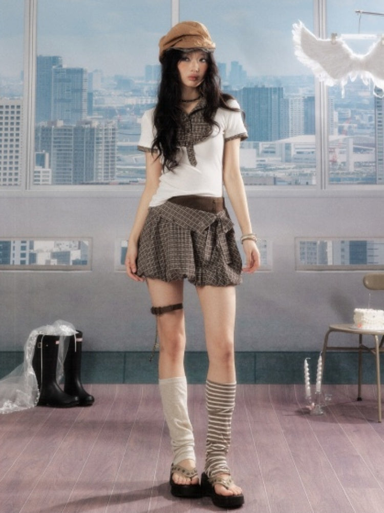 Double Waist Bow Retro Plaid Short Skirt【s0000016730】