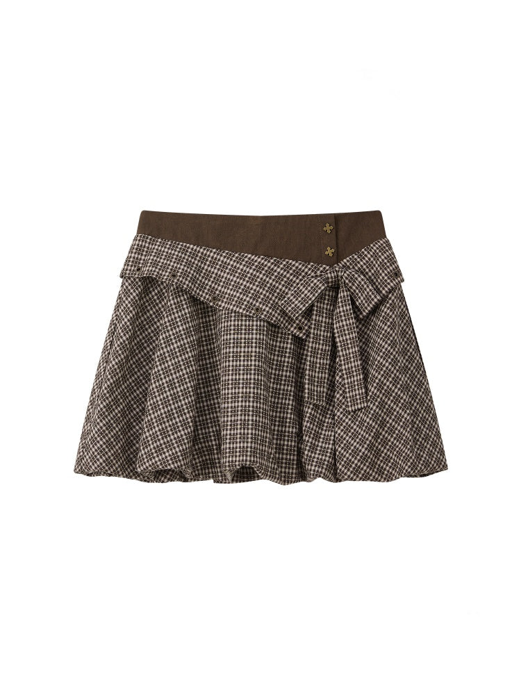 Double Waist Bow Retro Plaid Short Skirt【s0000016730】