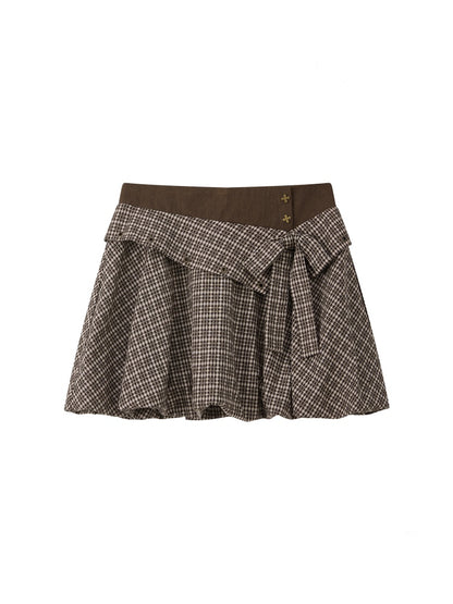 Double Waist Bow Retro Plaid Short Skirt【s0000016730】