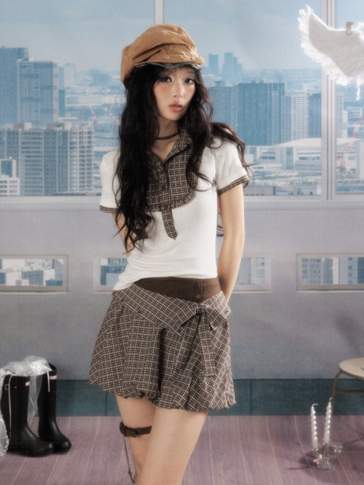 Double Waist Bow Retro Plaid Short Skirt【s0000016730】