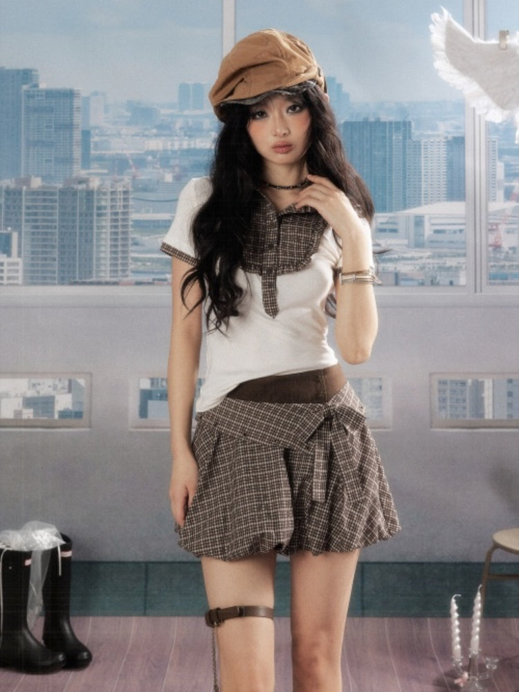 Double Waist Bow Retro Plaid Short Skirt【s0000016730】