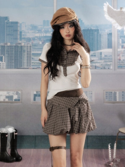 Double Waist Bow Retro Plaid Short Skirt【s0000016730】