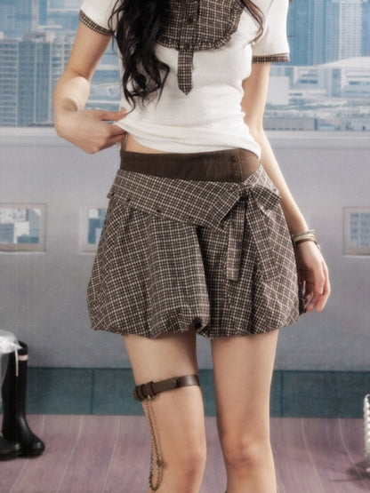 Double Waist Bow Retro Plaid Short Skirt【s0000016730】