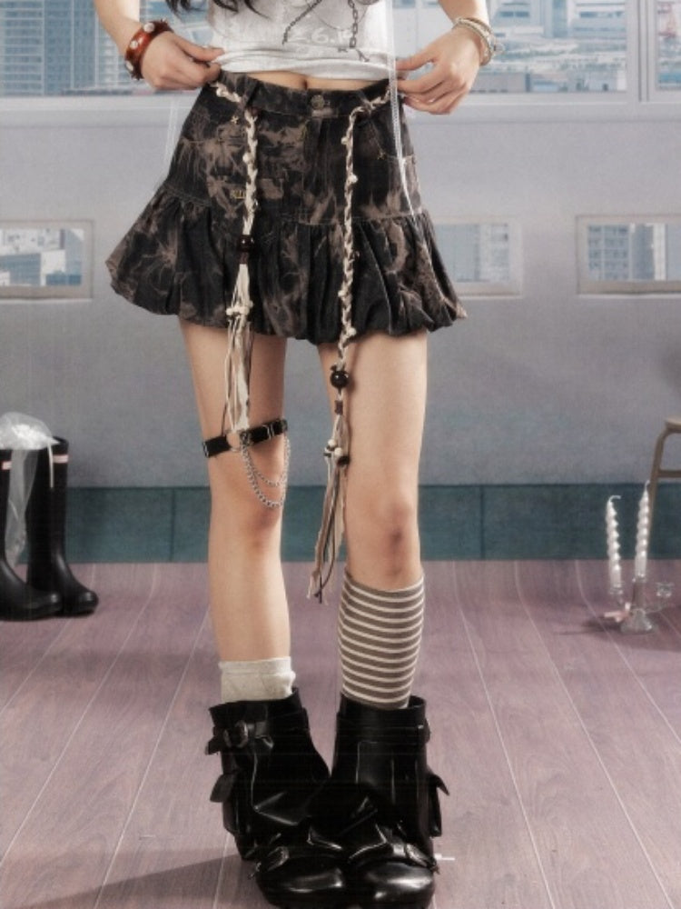Distressed Drawstring Tie-Dye Belt Lining Denim Short Skirt【s0000016731】